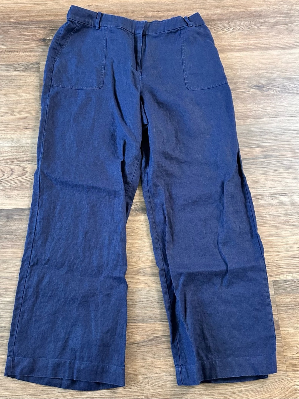 Talbots 100% Linen Pant SZ 16 Wide Leg Trouser Navy Blue Casual Coastal Stretch